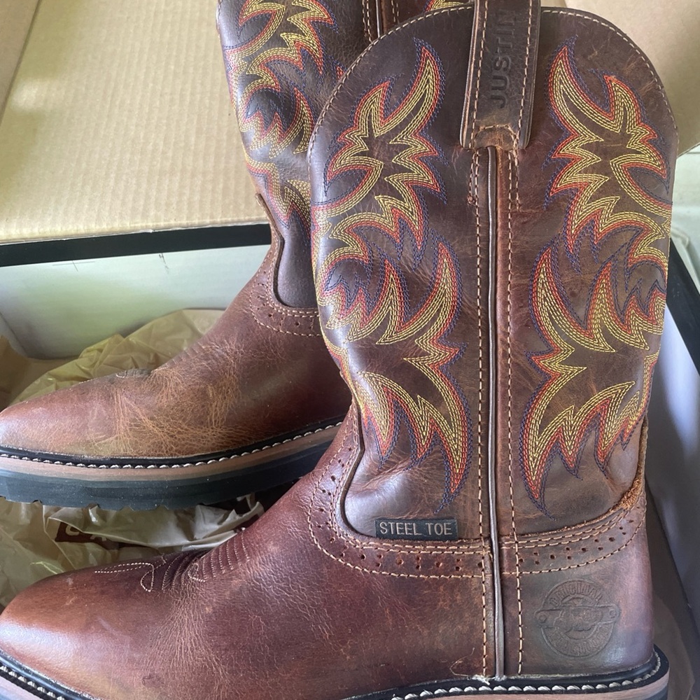 Justin Boots Brown Leather Western Work Boots with Red & Yellow Embroidery - Picture 3 of 9